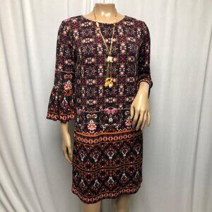 Suite 7 Dress Womens Sz 6P Black Maroon Stretchy Bell Sleeve Office Party Comfy